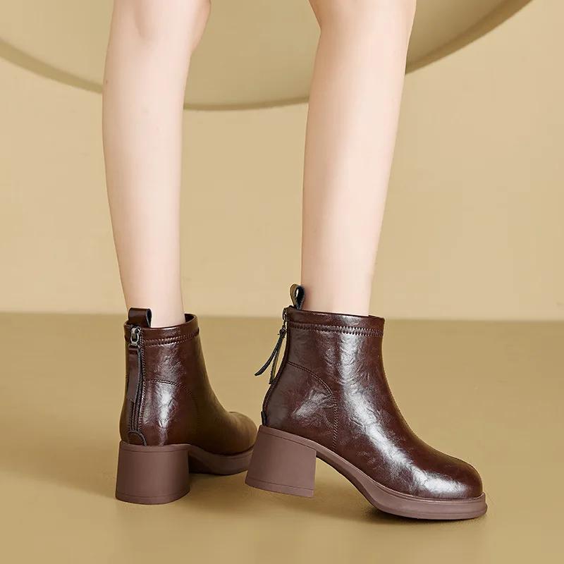 

Женские ботинки из натуральной кожи 2025 Новая мода Осень Зима Теплые меховые ботильоны Каблук 5,5 см Обувь на молнии Женская обувь 34