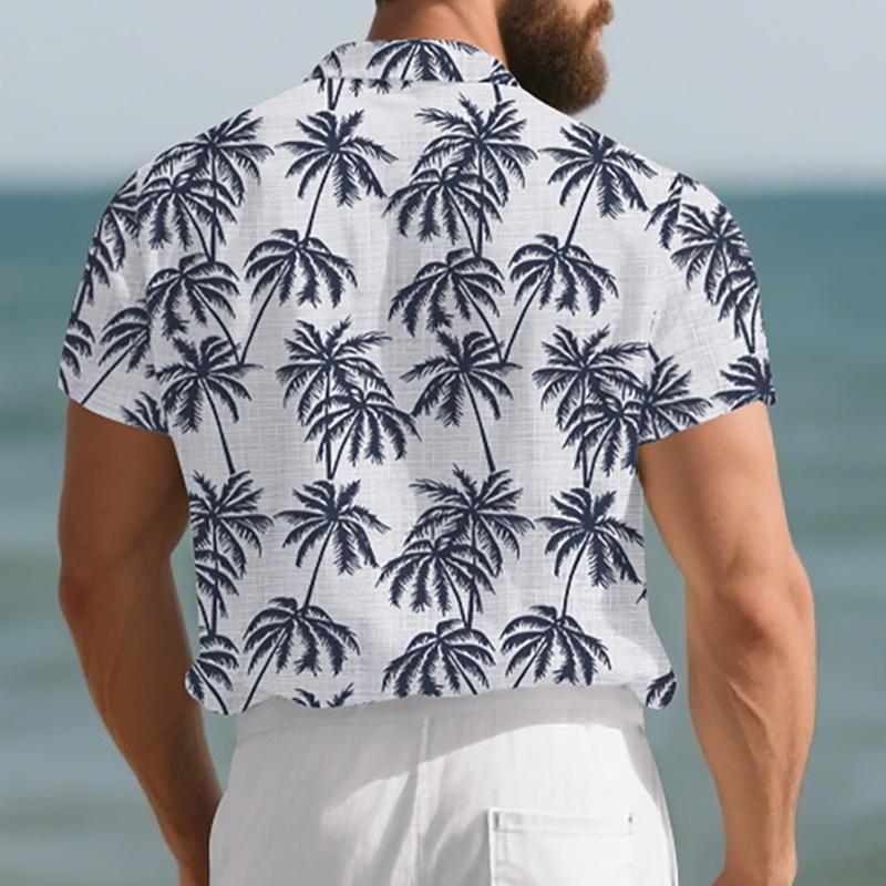 Men's Beach Short-Sleeved Shirt Coconut Tree Print Loose-Fit Holiday Shirt Men's