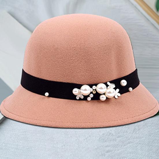 Top Hat British Style Faux Pearl Decor Down Brim Sunshading Round Top Decorate Retro Vintage Women Cloche Hat for Church