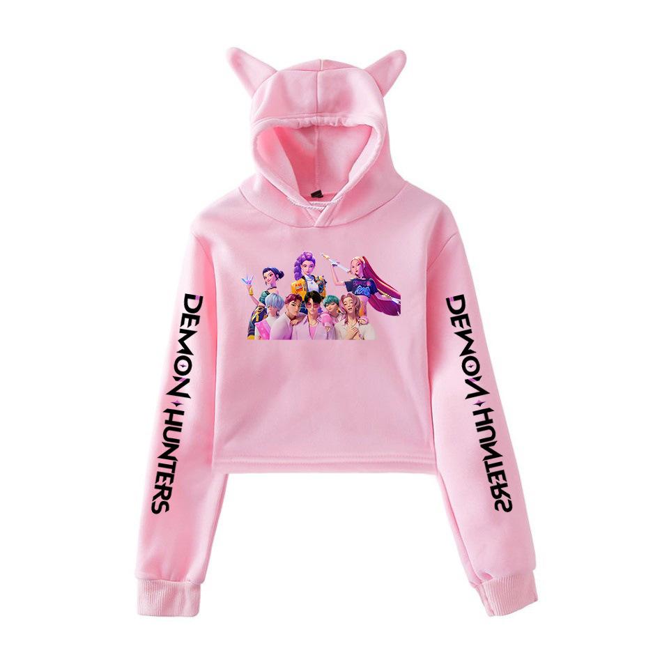Hot KPop Demon Hunters Crop Tops Cat Ears Sweatshirt Long Sleeve Girls Women Fashion Hoodie