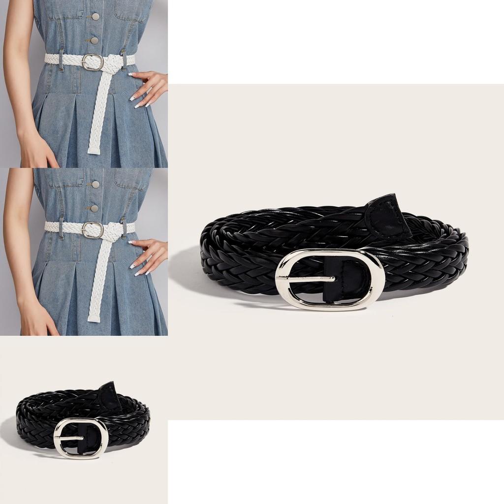 Punk Style Black Pu Woven Belt With Alloy Buckle For Streetwear And Casual Outfits