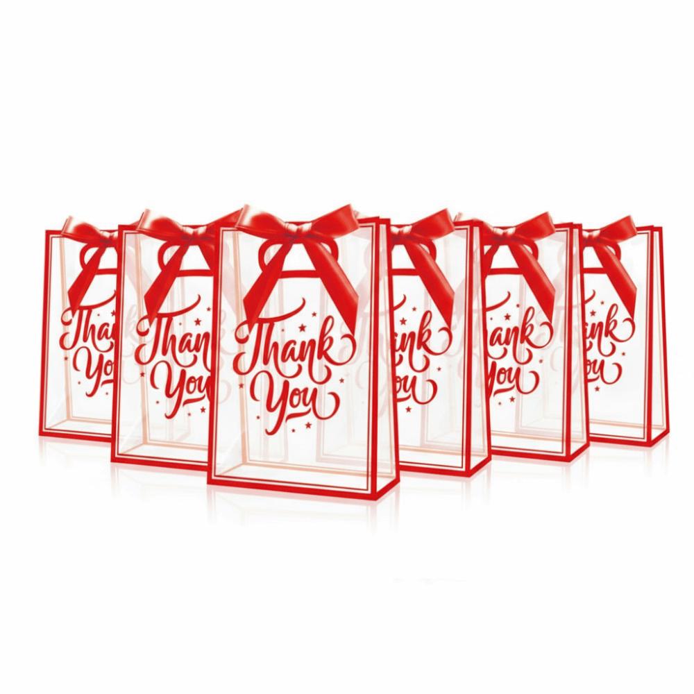 5Pcs Set Reusable Portable Favor Bag PVC Clear Gift Bag Die Cut Handles with Ribbon Flower Bag
