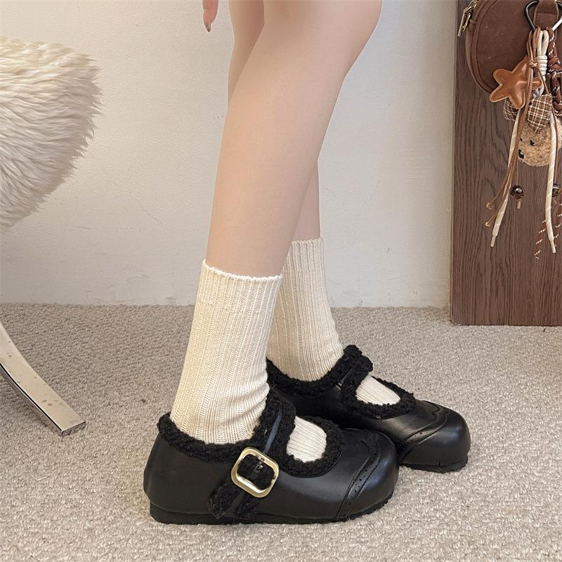 Vintage Grey Women Fur Lining Mary Jane Shoes Concise Internal Elevation Shoes Ladies Comfort Warm Short Plush Snow Shoes