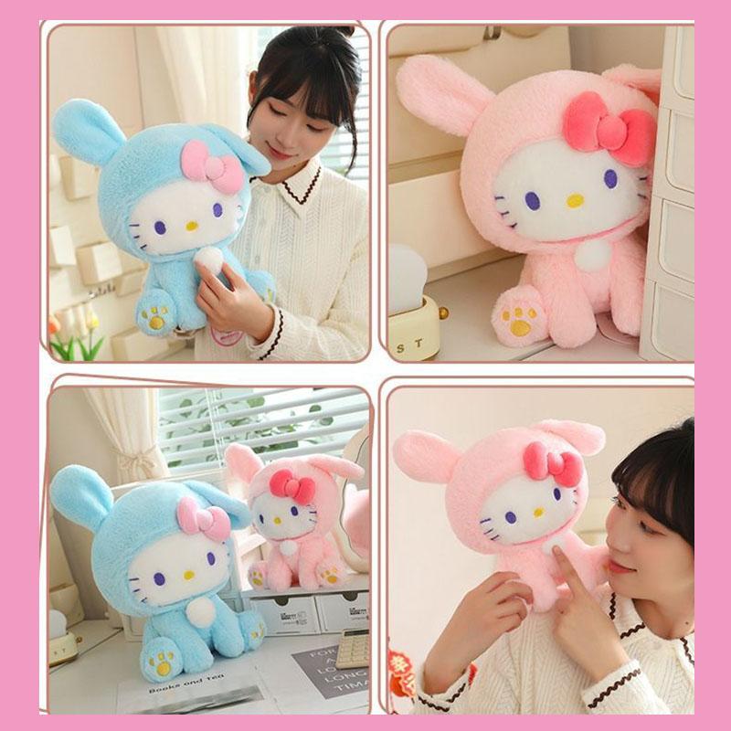 Official Sanrio Hello Kitty Bunny Costume Plush Animals Toy Kawaii Squishy Stuffed Doll With Bow For Girls Fans Birthday Gift