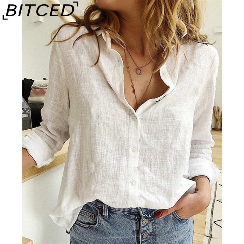 BITCED Женская весенне-осенняя однотонная повседневная свободная льняная рубашка с длинным рукавом S