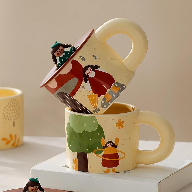 Retro Cartoon Ceramic Mug Ceramics Espresso Cup High-looking With Lid Mug for Coffee Creativity Personalized Gift Teaware Cafes