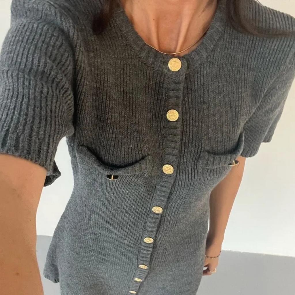Elegant Knit Mini Dress Women Street Slim High Waist Short Sleeve Rib Sweater Dresses Vacation Bodycon Knitwear Dress