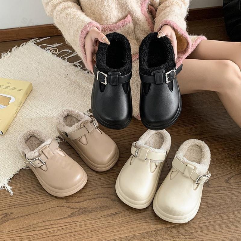 Fashion Autumn Winter Women Cotton Slippers Waterproof Non Slip Warm Indoor Home Shoes Fashion Buckle Strap Thicken Outdoor Plush Shoes