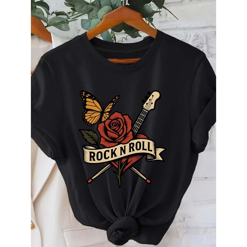 

European sizes Women S Plus Size Rock N Roll Graphic Tee - Vibrant Butterfly & Rose Design, Casual Crew Neck Short Sleeve T-Shirt 4XL чорний