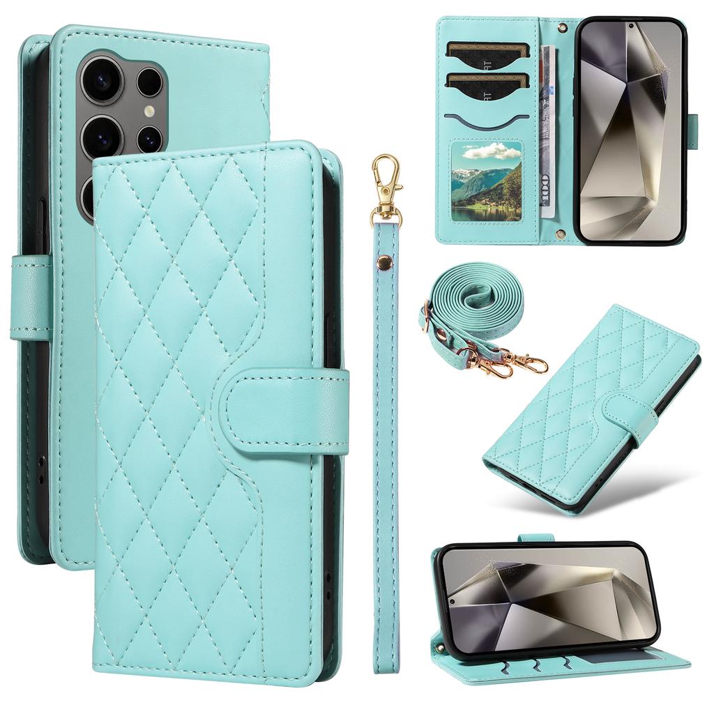For Samsung Galaxy S25 Ultra Case Wallet Rhombus Leather Phone Cover with Shoulder Strap,Wrist Strap