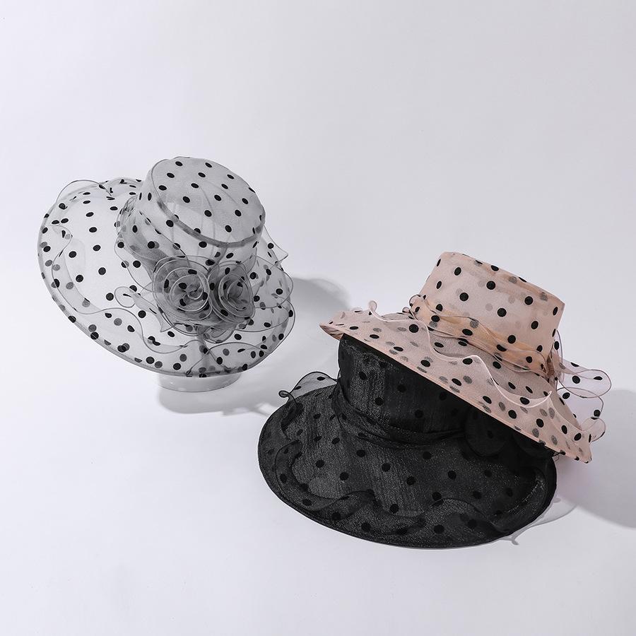 Einzigartiges Design Organza Sonnenhüte für Damen Breiter Rand Klassisch Schwarze Pünktchen Fischerhut Damen Faltbar Atmungsaktiv Strandmützen