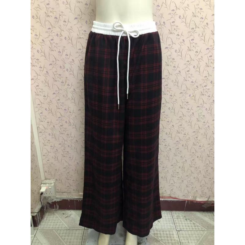 Retro Casual Floor-Length Drapey Wide-Leg Plaid Pants With Elastic Waist Straight-Leg Casual Trousers For Women