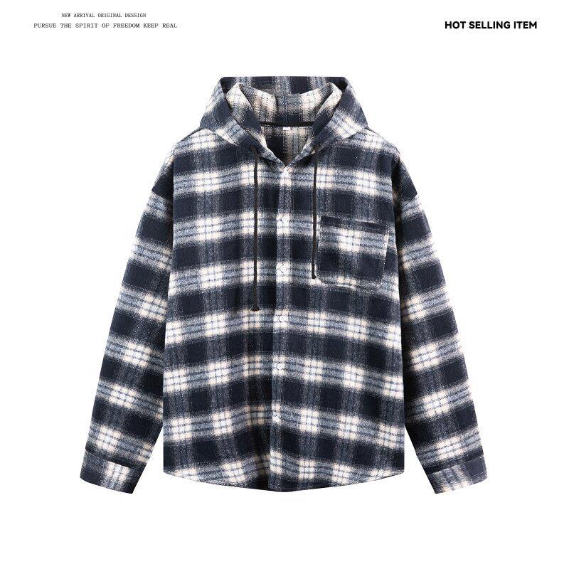 

Мужская клетчатая худи-рубашка в стиле киберпанк 2025: Универсальная куртка свободного кроя в стиле кэжуал L чёрный