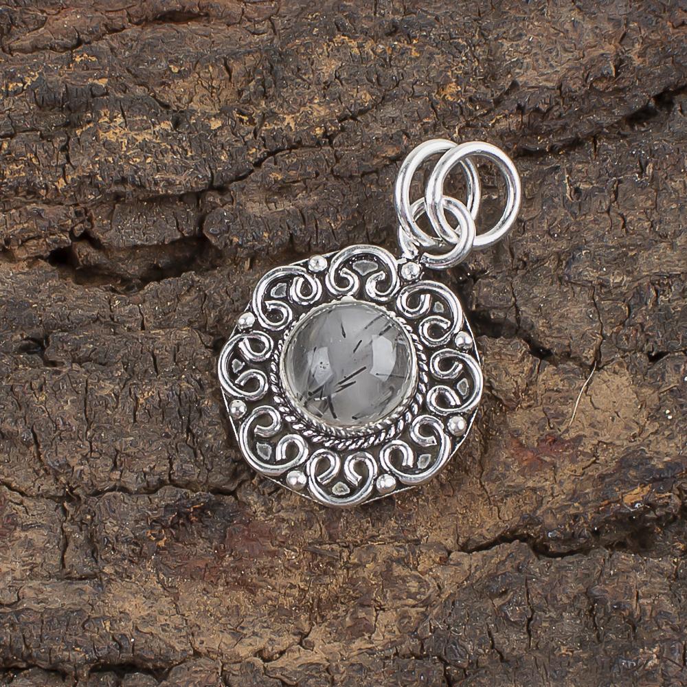 Schmuck mit schwarzem Rutil-Edelstein, Anhänger aus massivem 925er Sterlingsilber, wunderschöner Silberanhänger, handgefertigter böhmischer Schmuck als Hochzeitsgeschenk