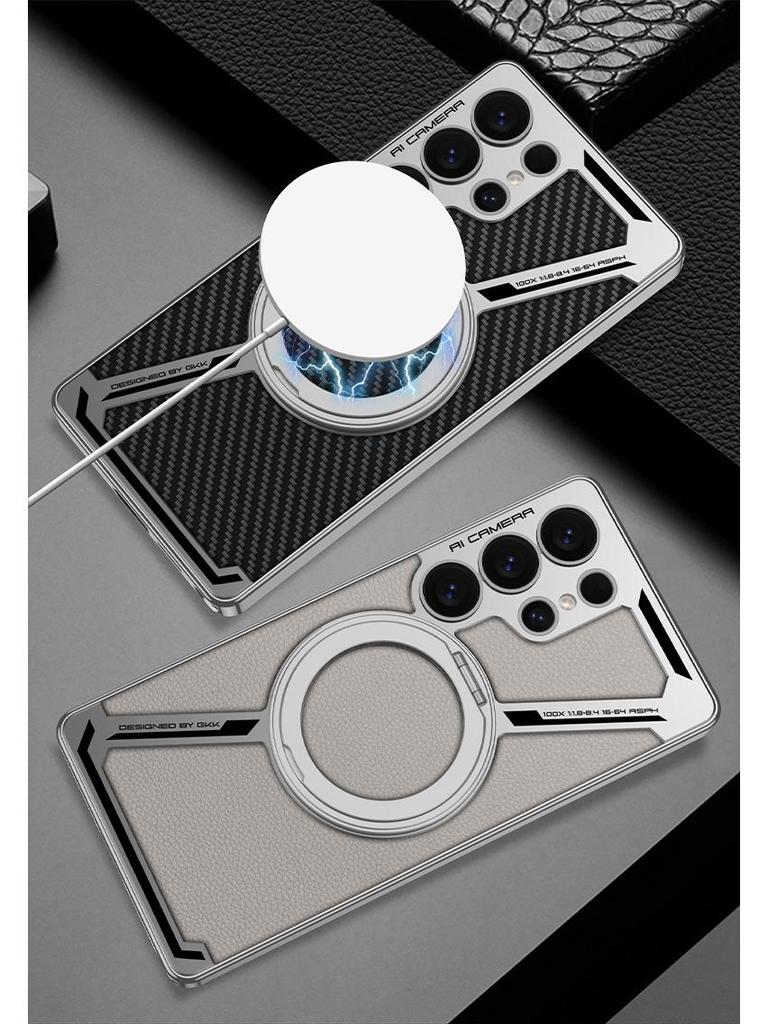 Samsung S25 Ultra Protective Case with Magnetic Rotating Stand – Anti-fall, Electroplated Leather Cover