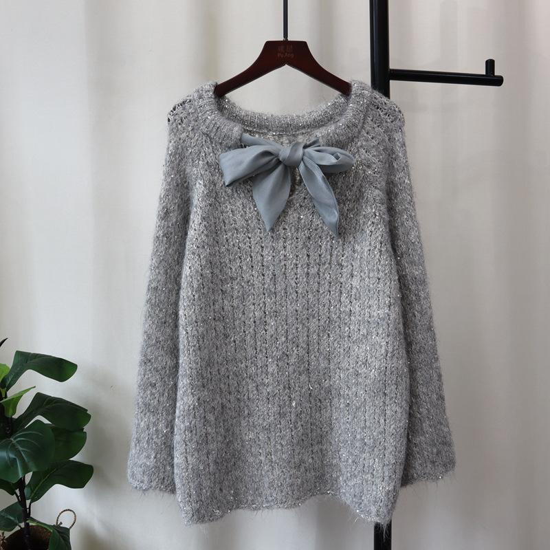 

Вязаный свитер с пайетками на шнуровке, мягкий и восковой, новый осенний, свободный, милый свитер-пуловер для женщины one size fits all серый