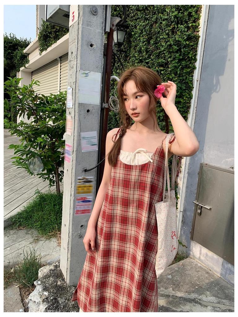 Red Plaid Lace Spaghetti Strap Dress - Women's Summer Beach Holiday Style