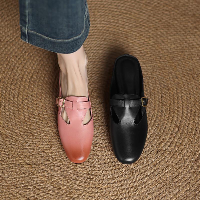 Fashion Women's new summer genuine leather cowhide color blocked round toe, mid heel, plus size belt buckle, wrapped in Mueller slippers
