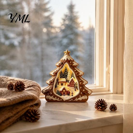 Christmas Tree Wooden Figurines Tabletop Decor with Warm LED Lights, 2D Printed Snow Village Scene Vintage Wood Displays Santa Reindeer Nutcracker