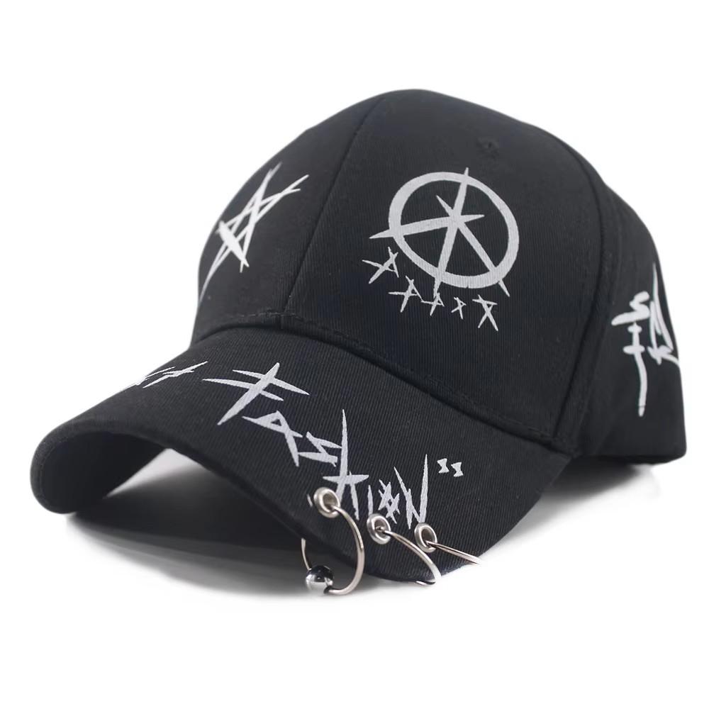 Baseball Cap Hat Grey Black Letter Graffiti Print Iron Ring Spring Summer Autumn Punk Hip hop Rock Adjustable Unisex Men Women Outdoor Casual Cotton