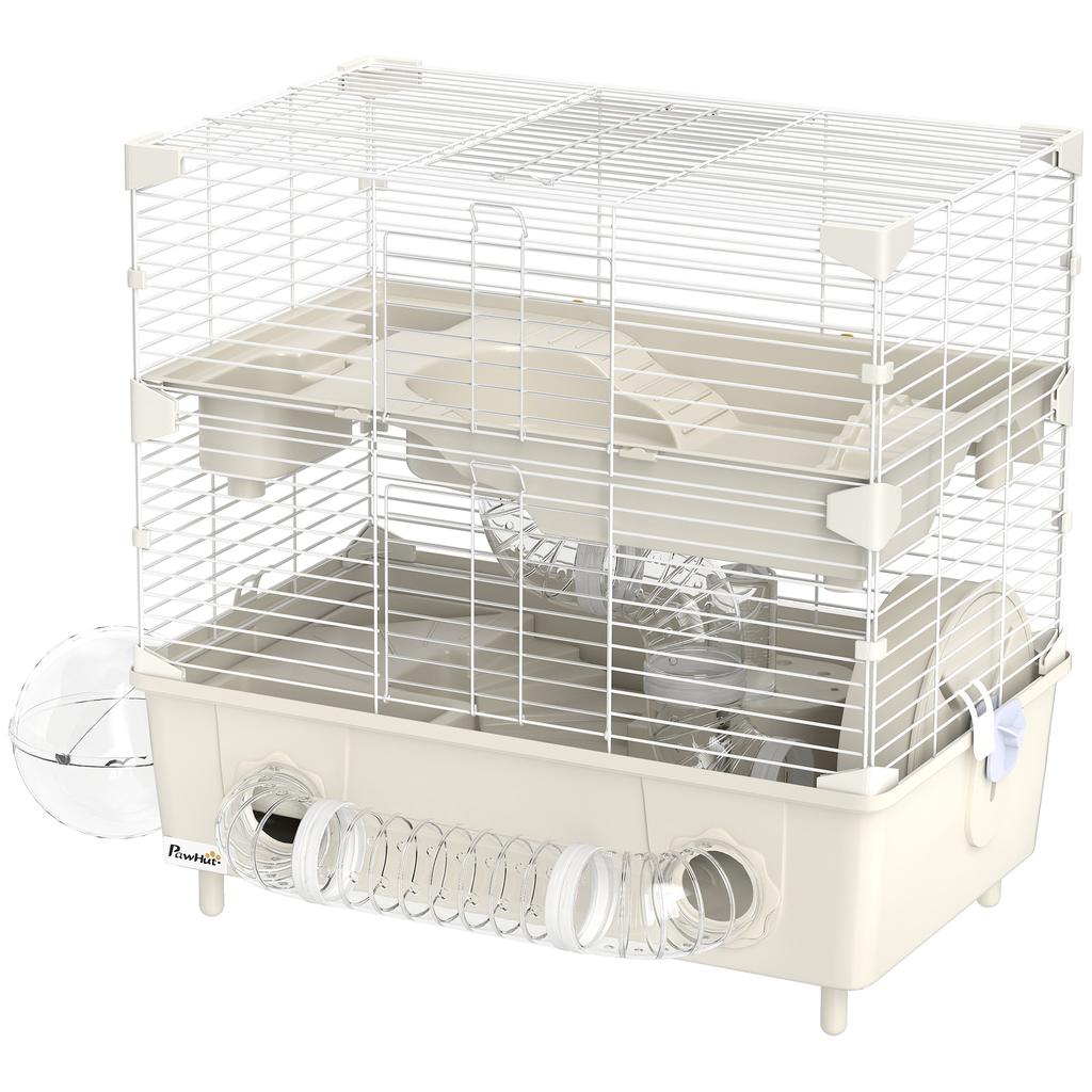 2-Tier, 3-Door Hamster Cage with Wheel and Tubes, Steel, PS and PP, 44.5x28x44 cm, Cream and White