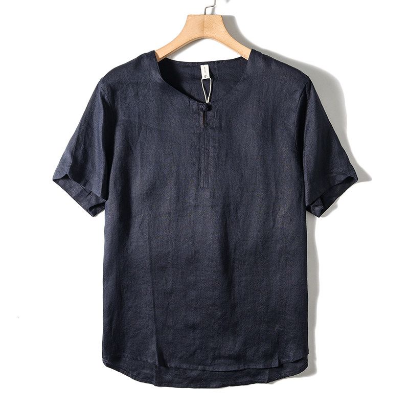 Chinese Pure Linen T-shirt Short Sleeve Men Retro Tang Suit