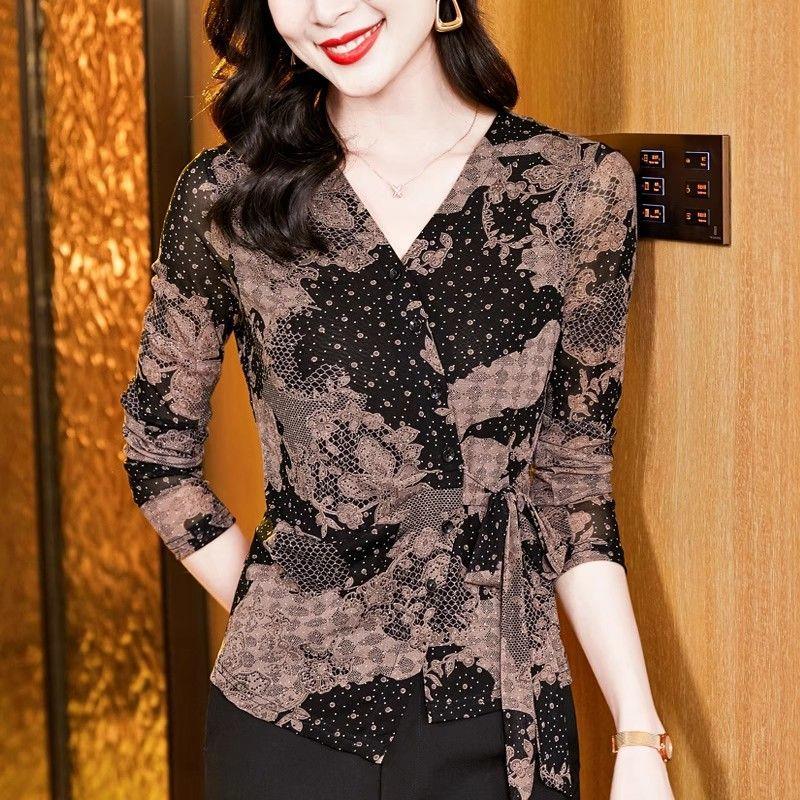 

Women s Printed Lace Blouse V-Neck Tie Waist 3/4 Sleeve Elegant Top L чорний
