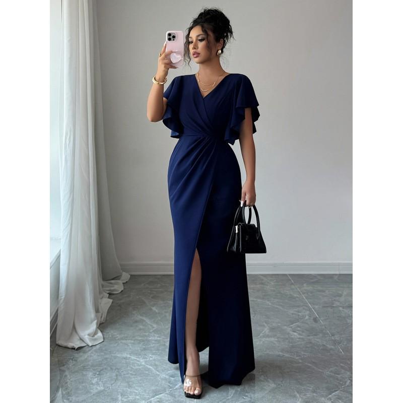 Elegant V-Neck Long Dress With Ruffle Sleeves Fitted Waist Side Slit High-Waisted Knit Midi Date Night Small