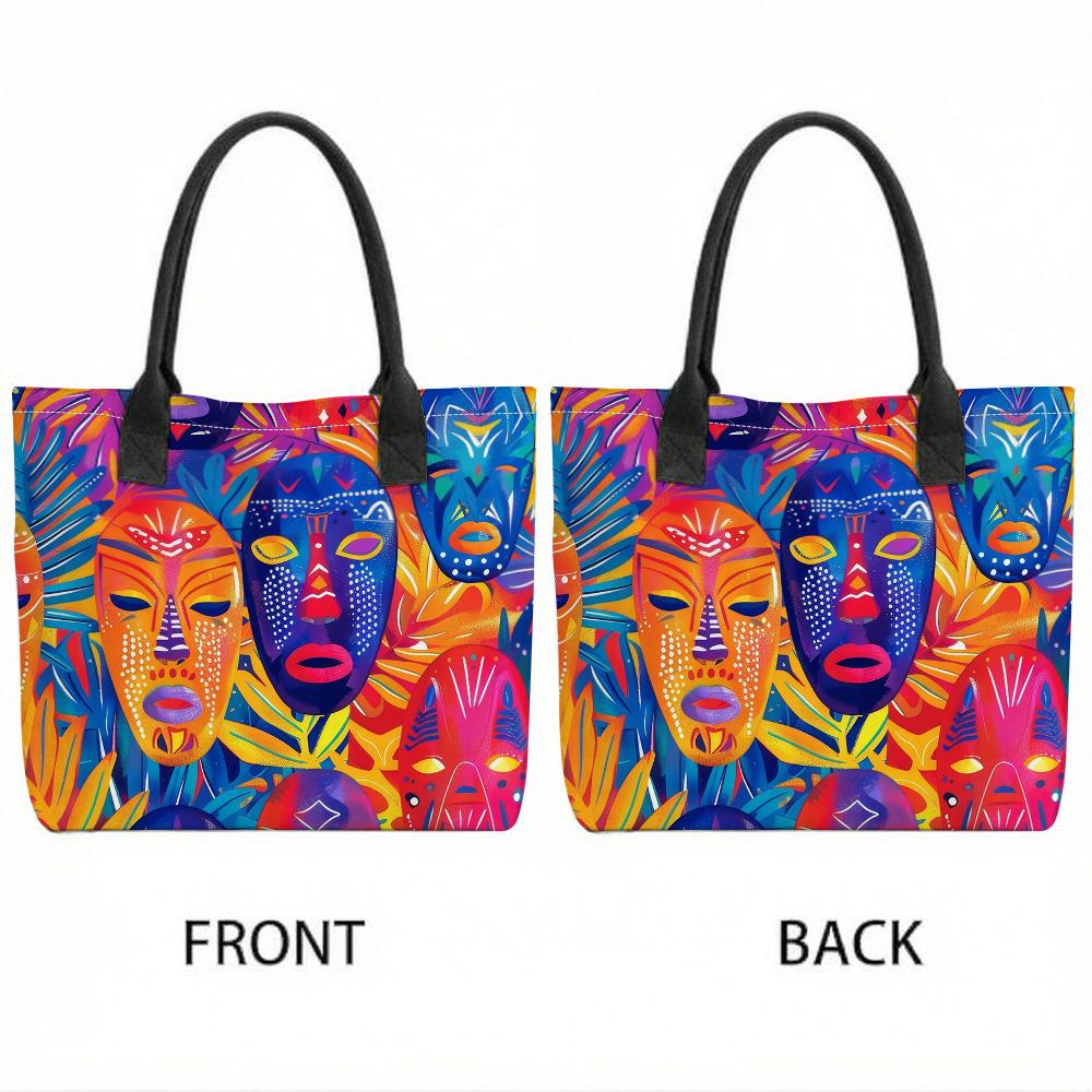  Colorful African Mask Print Tote Bag Portable Casual Large Capacity Daily Shoulder Handbag