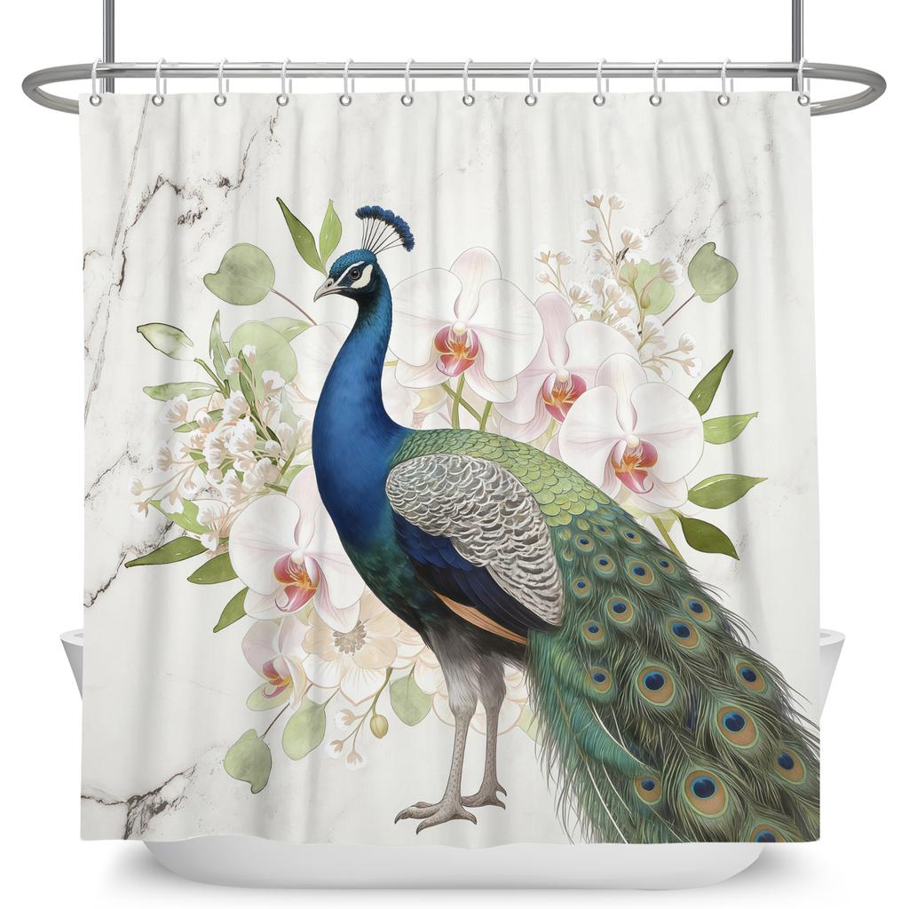 Vintage Bird Flower Shower Curtain with Hooks Artistic Peacock Floral Design Chinese Style Waterproof Polyester Bathroom Curtain