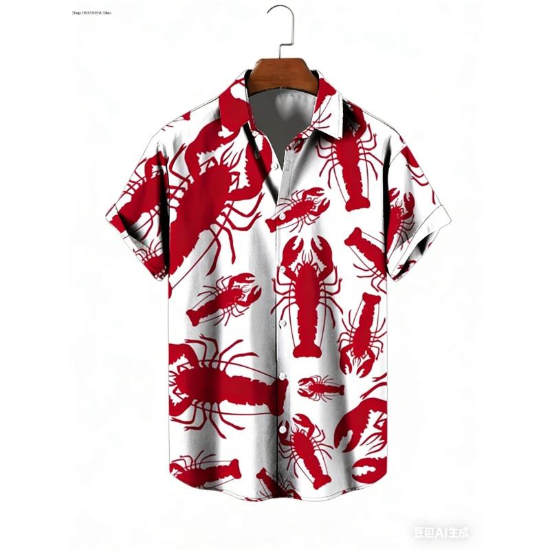 Men Hawaiian Shirt Lobster Printing Shirt Leisure Shirt Summer Fashion Casual Beach Vacation Short Sleeve Men Clothing Tops