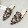 Half Drag Summer Embroidery Flower Pointed Rhinestone Slippers for Women Anti-slip Wear-resistant Flat Shoes