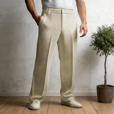 Men Waffle Dress Pants Casual Business Suit Trousers Wide Leg Trousers with Belt Loop for Office Dating Vacation Daily Wear