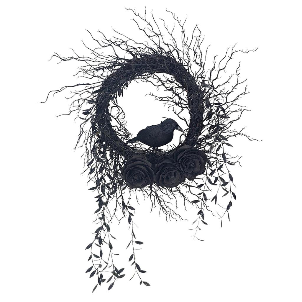 Simulation Crow Wreath Door Hanging Wreath Rattan Ring Horror Party Decoration 45CM