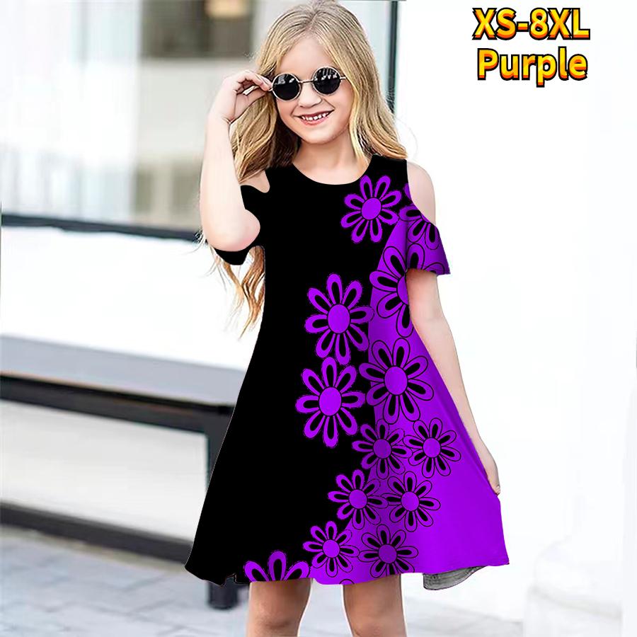 Girls Floral Pink Stitching Print Dresses Kids Girl Party Off Shoulder Dress Princess Dress Short Sleeved Dress For Girl Over 4 Years