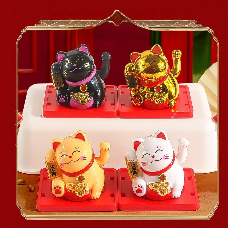 1Pcs Waving Wealth Good Fortune Awaits Solar-Powered Ornaments For Home And Office Lucky Beckoning Cat Solar Powered