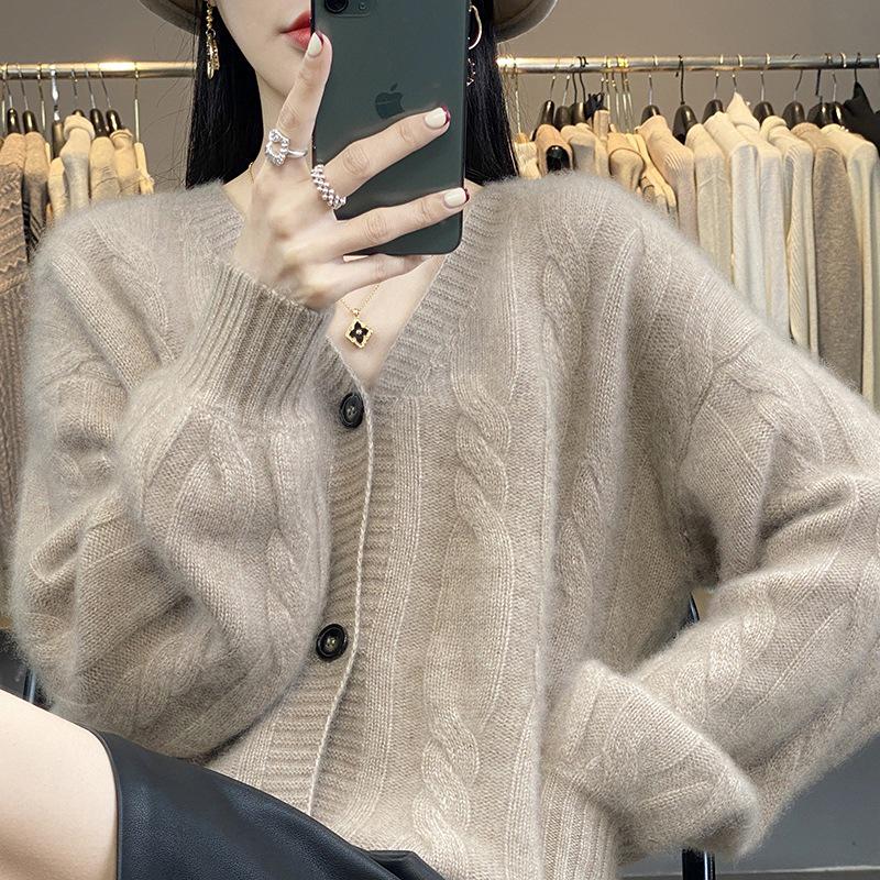 Women's Thickened Cashmere Cable Knit V-Neck Cardigan Sweater