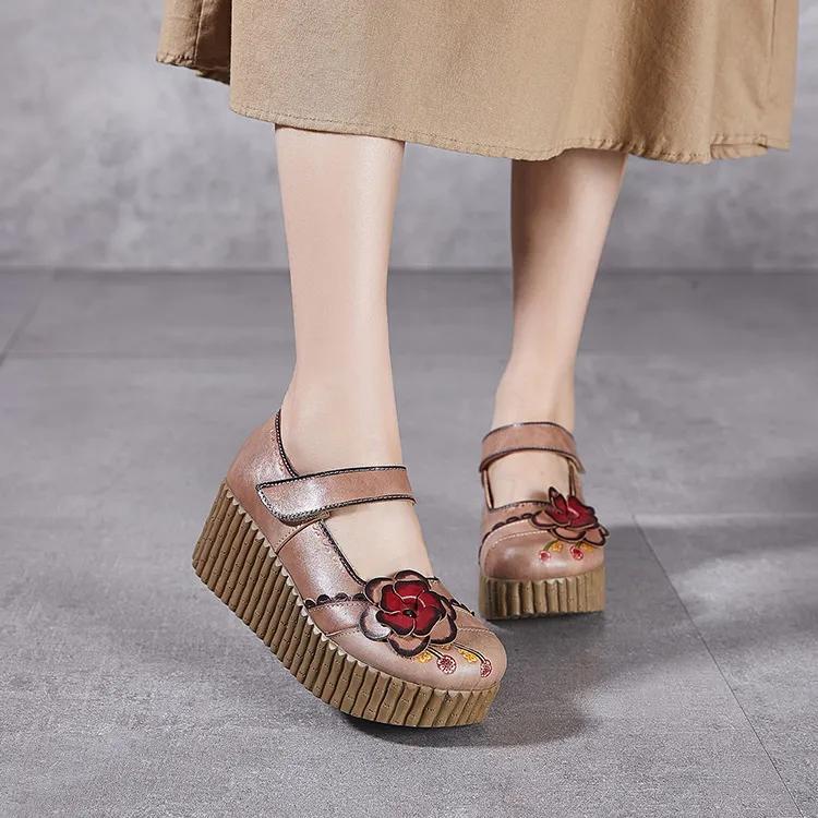 Fashion GKTINOO Retro Pumps Women Shoes Genuine Leather Hook & Loop 2025 New Spring Round Toe Floral Handmade Concise Platform Shoes