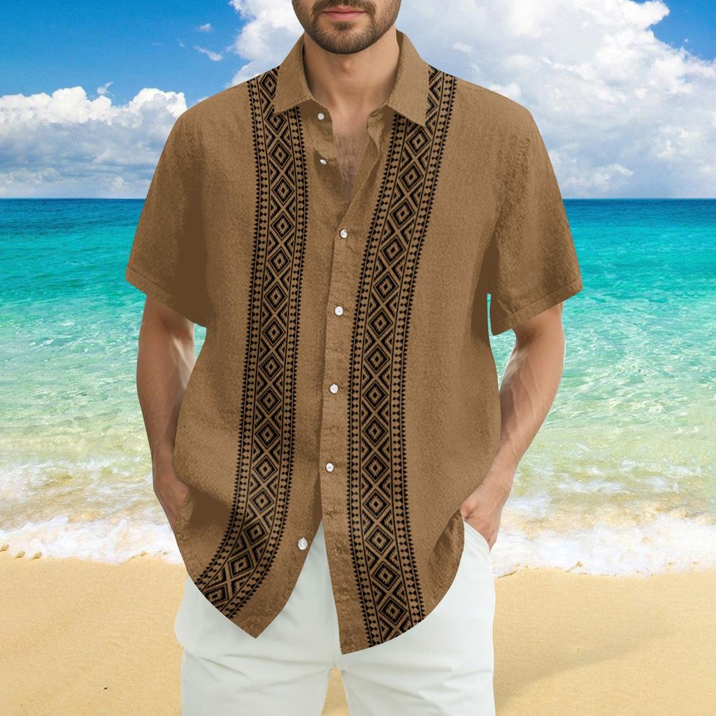 Men's Fashionable Casual Loose Striped Printed Beach Short-sleeved Shirt