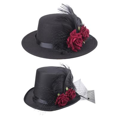 Gothische Blume Feder Hut Halloween Cosplay Kostüm Accessoire Partyhut für Damen Herren Viktorianischer Steampunk Zylinder