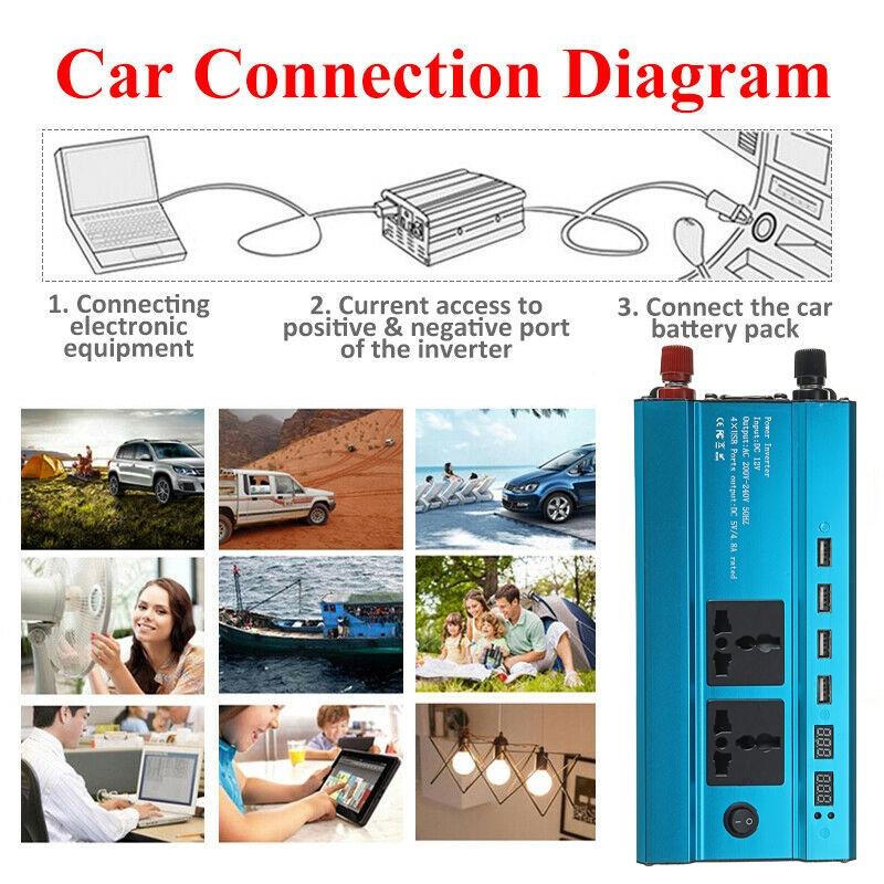 2000/4000/6000W 4USB Inverter Voltage Transformer Converter Solar Inverter DC 12V to AC 220V 50Hz LED Display Inverter+Socket