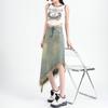 High-Waist Frayed Denim Midi Skirt - Women's Spring 2025 Retro Slit A-line Skirt