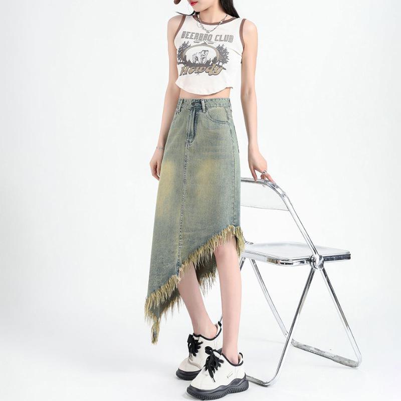 

High-Waist Frayed Denim Midi Skirt - Women s Spring 2025 Retro Slit A-line Skirt XL