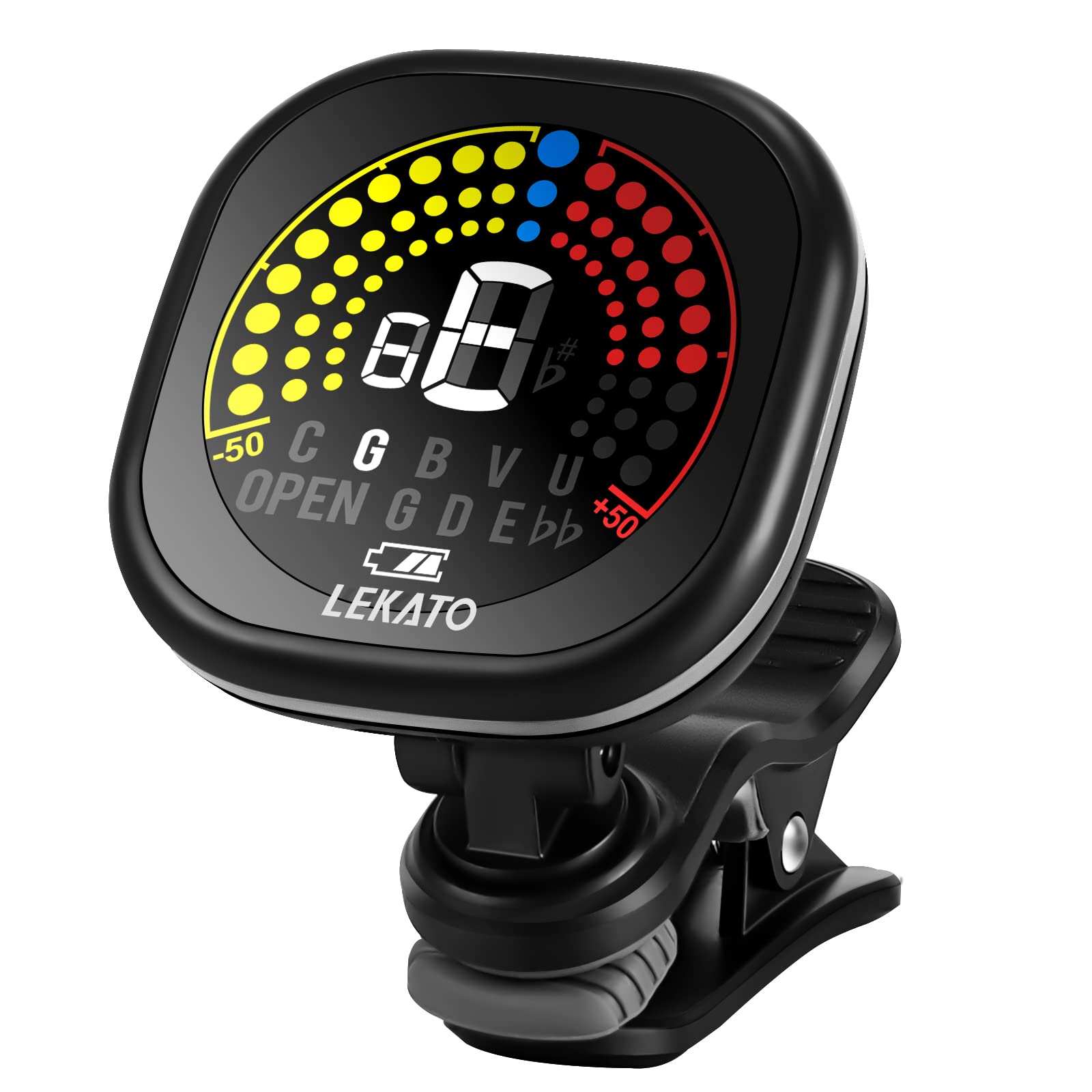 

LEKATO Rechargeable Clip-on Guitar Tuner for GuitarBass with Snap-On LED Color Display, Ideal for Everyday Practice