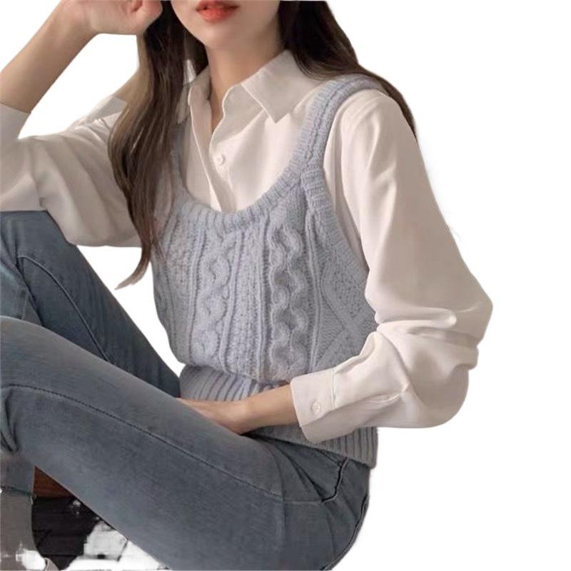 2024 Autumn Japanese Cable Knit Vest & Sleeveless Shirt Set - Slimming, Layered Ins Style