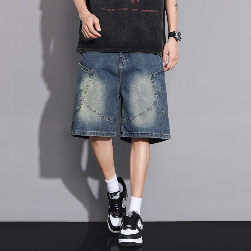 Men's Summer Relaxed Straight-Leg Denim Shorts Youth Cropped Shorts Washed Mid-Length Pants