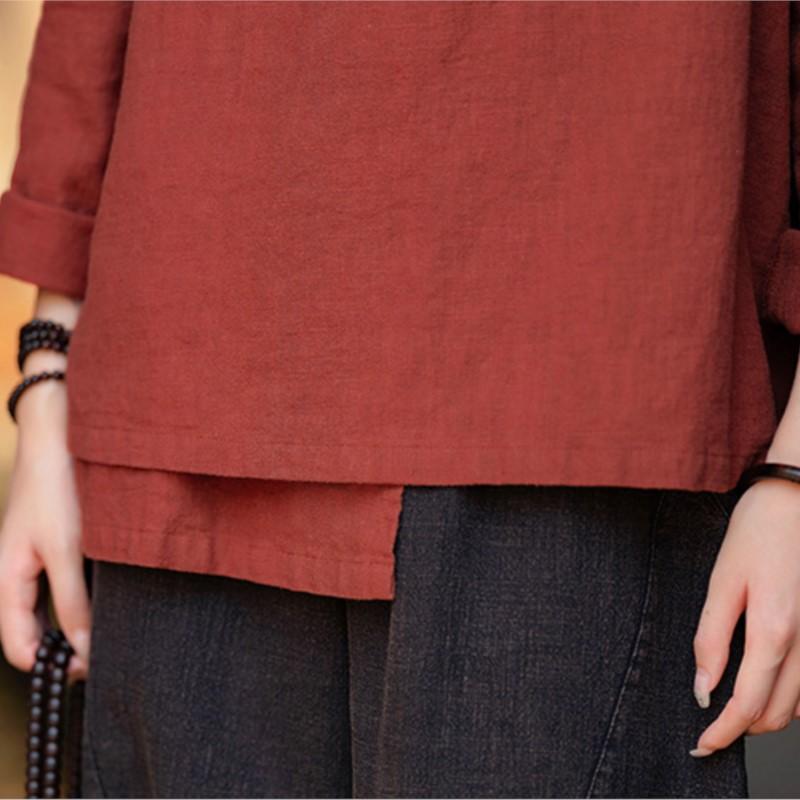Johnature Women Vintage Shirts Tops Stand Long Sleeve Solid Color Blouses Autumn Button Shirts