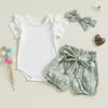 Baby Girls Summer Shorts Outfits Short Sleeve Ribbed Romper Belted Daisy Print Shorts Headband Sets