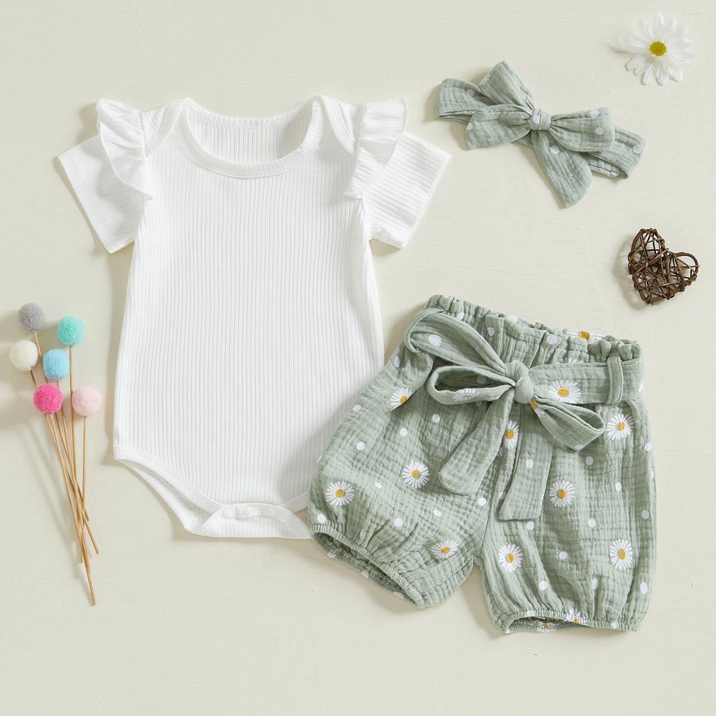 Baby Girls Summer Shorts Outfits Short Sleeve Ribbed Romper Belted Daisy Print Shorts Headband Sets