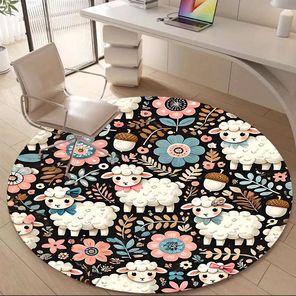 1PC Sheep Floral Office Round Area Rug, Mat Suitable For Office, Under Office Chairs Bedroom Living Room Home Decor, Room Deco